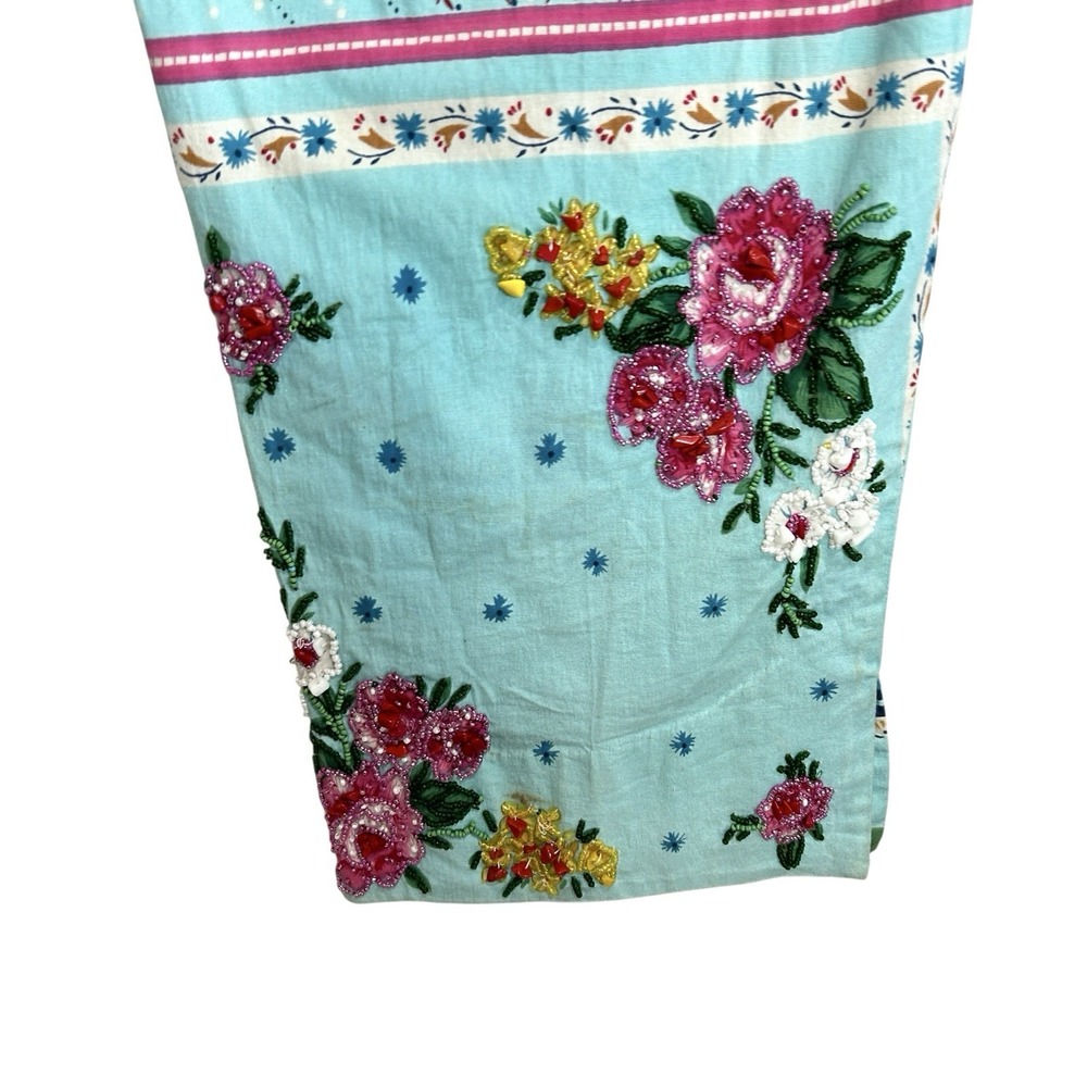 Ario Beaded Cropped Pants Large Boho Cottage Floral Art Patchwork Print Wide Leg - Picture 8 of 14